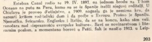 Recorte de la revista Šahovski Glasnik de 1926 mencionando el nacimiento de Esteban Canal en el Océano Pacífico.
