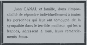 Aviso fúnebre de Juan Canal en el periódico Feuille commerciale de Sierre, 11 de febrero de 1921
